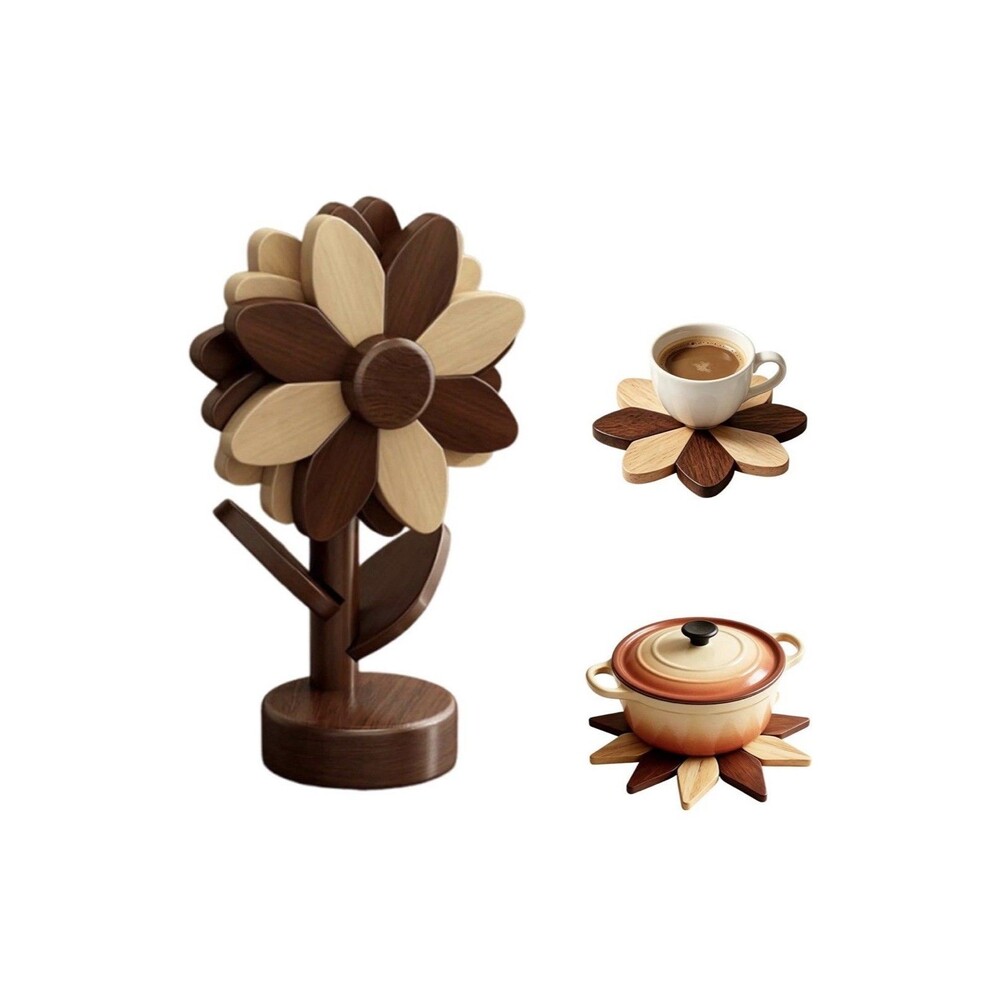 Wooden Trivets for Hot Dishes 3 Pc Foldable Sunflower Coaster Set w/ Stand